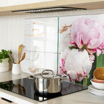 Tagliere in vetro con stampa di fiori di peonia su sfondo effetto legno