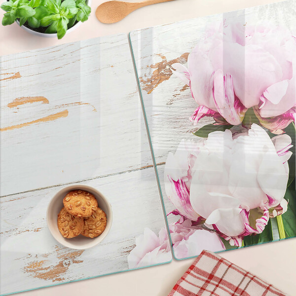 Tagliere in vetro con stampa di fiori di peonia su sfondo effetto legno