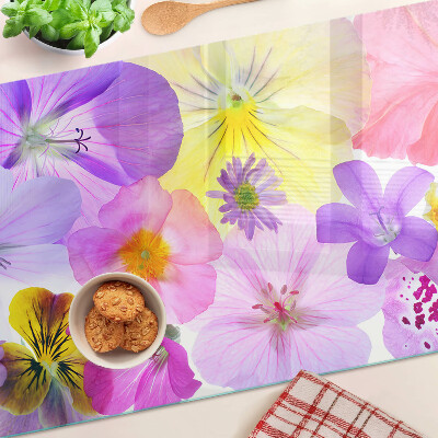 Tagliere in vetro con motivo di fiori nei colori pastello