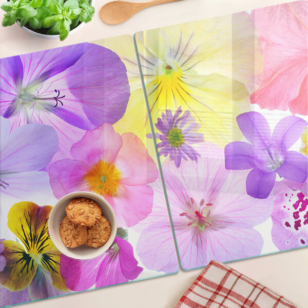 Tagliere in vetro con motivo di fiori nei colori pastello