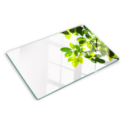 Tagliere in vetro temperato con motivo di foglie su sfondo cielo chiaro