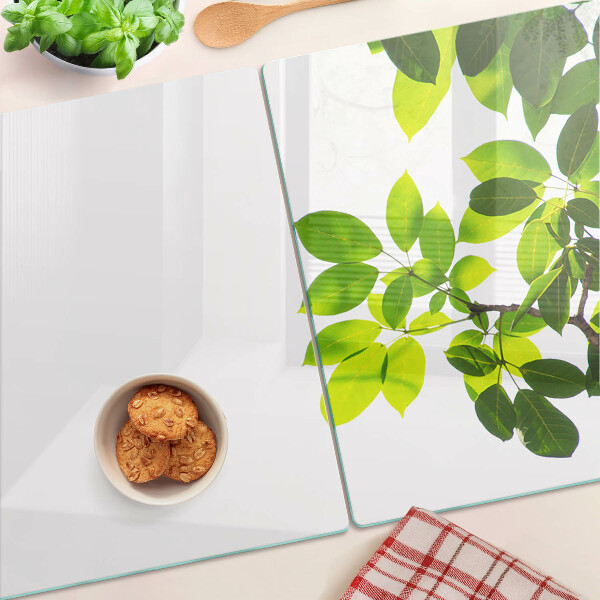 Tagliere in vetro temperato con motivo di foglie su sfondo cielo chiaro