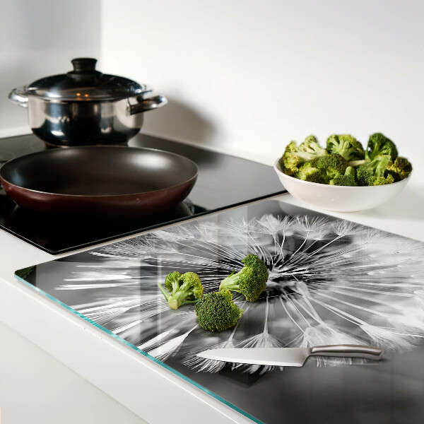 Tagliere in vetro temperato con motivo di denti di leone in bianco e nero