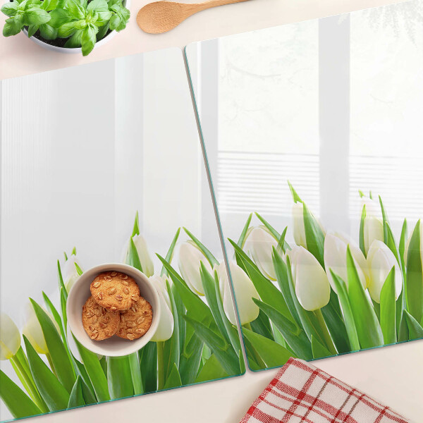 Tagliere in vetro con stampa di tulipani nell'erba verde