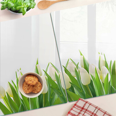 Tagliere in vetro con stampa di tulipani nell'erba verde