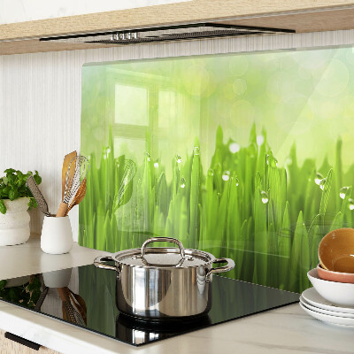 Tagliere in vetro con stampa di erba verde con gocce d'acqua