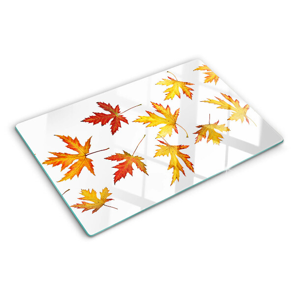 Tagliere in vetro temperato con motivo di foglie di acero nei colori autunnali