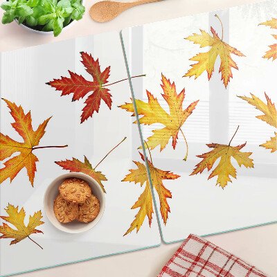 Tagliere in vetro temperato con motivo di foglie di acero nei colori autunnali