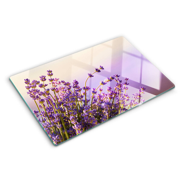 Tagliere in vetro con stampa a motivi di fiori di lavanda sul tema della finestra