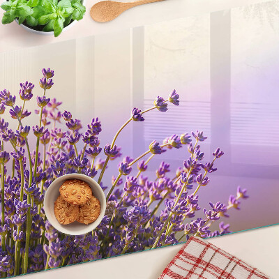 Tagliere in vetro con stampa a motivi di fiori di lavanda sul tema della finestra
