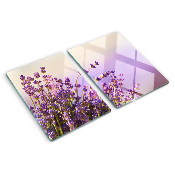 Tagliere in vetro con stampa a motivi di fiori di lavanda sul tema della finestra