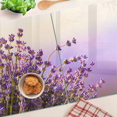 Tagliere in vetro con stampa a motivi di fiori di lavanda sul tema della finestra