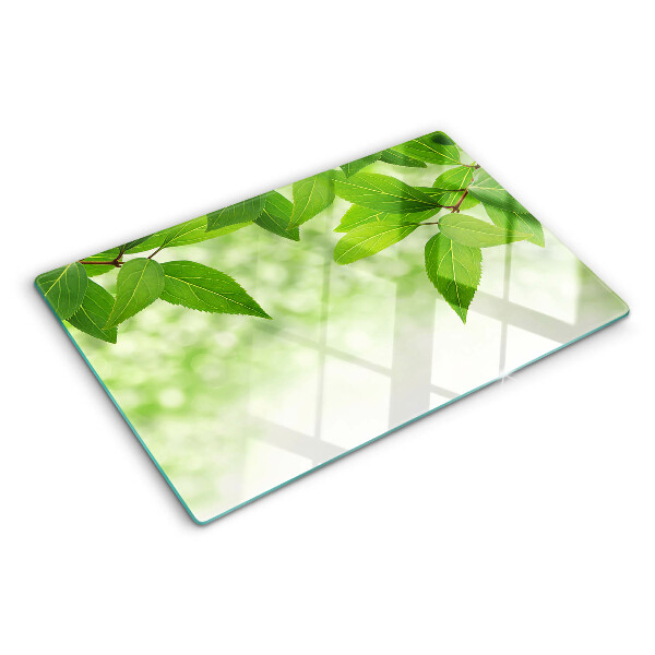 Tagliere in vetro temperato con motivo di foglie su sfondo verde sfocato