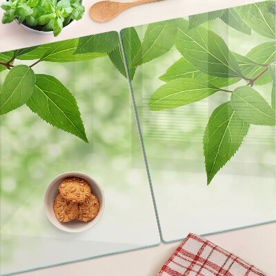 Tagliere in vetro temperato con motivo di foglie su sfondo verde sfocato