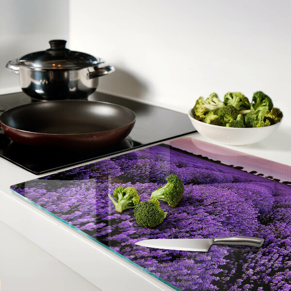 Tagliere in vetro con stampa a tema campo di lavanda in piena fioritura