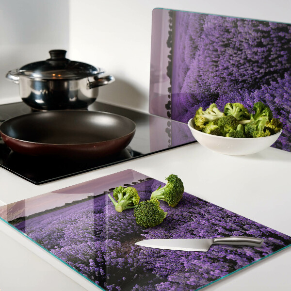 Tagliere in vetro con stampa a tema campo di lavanda in piena fioritura