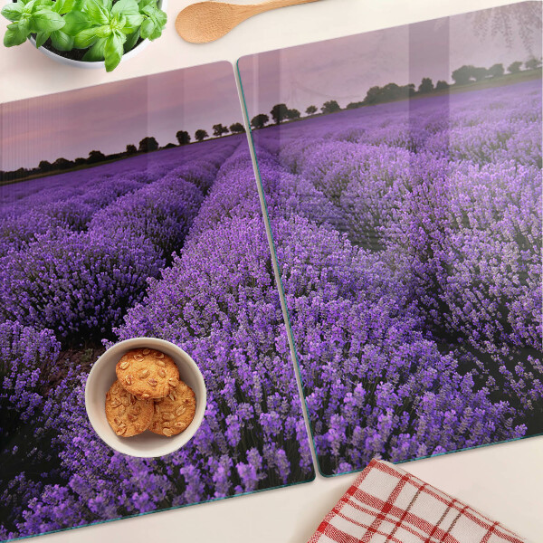 Tagliere in vetro con stampa a tema campo di lavanda in piena fioritura