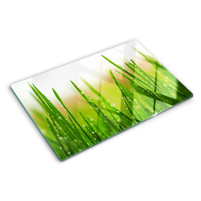 Tagliere in vetro temperato con motivo di erba e gocce d'acqua