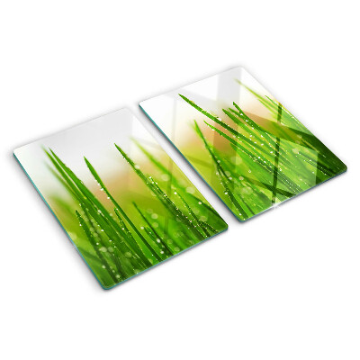 Tagliere in vetro temperato con motivo di erba e gocce d'acqua