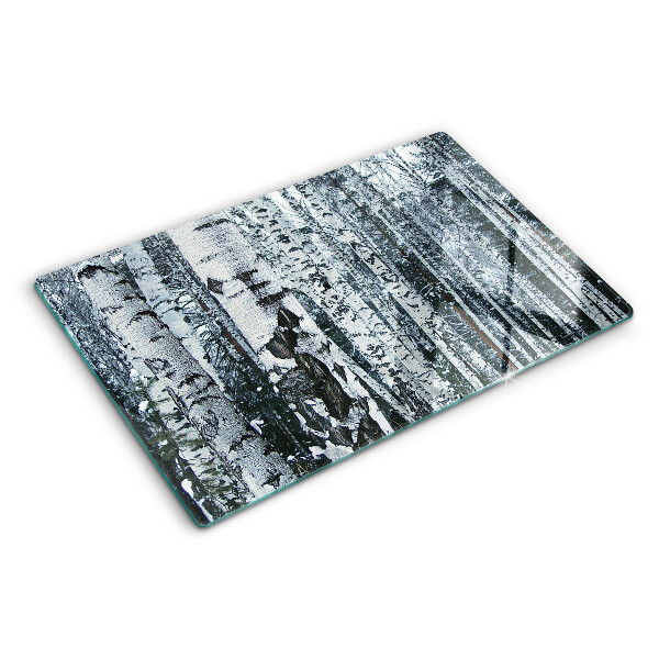 Tagliere in vetro temperato con motivo della foresta di betulle in una scena invernale