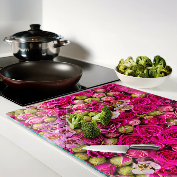 Tagliere in vetro temperato con motivo di fiori rosa a forma di bouquet