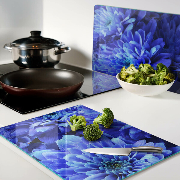 Tagliere in vetro con motivo di fiori di crisantemo blu