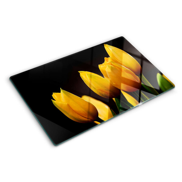 Tagliere in vetro temperato con stampa di tulipani gialli su sfondo nero
