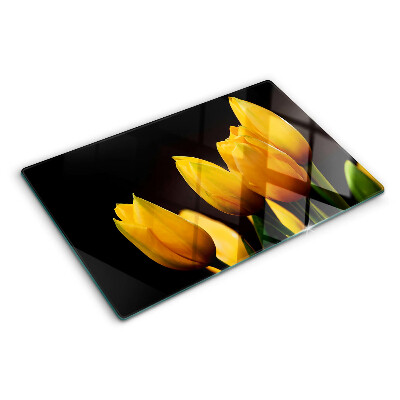 Tagliere in vetro temperato con stampa di tulipani gialli su sfondo nero