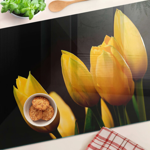 Tagliere in vetro temperato Tulipani gialli su sfondo nero