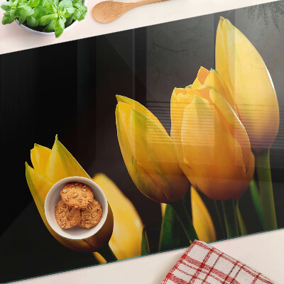 Tagliere in vetro temperato Tulipani gialli su sfondo nero