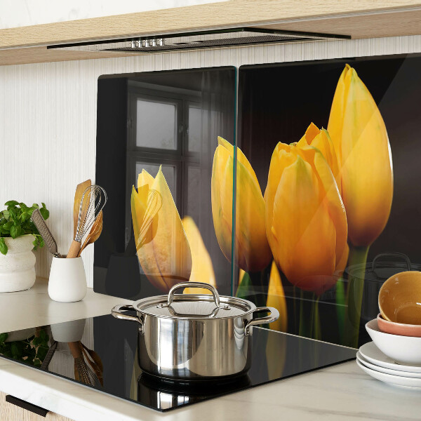 Tagliere in vetro temperato con stampa di tulipani gialli su sfondo nero