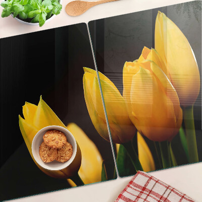 Tagliere in vetro temperato con stampa di tulipani gialli su sfondo nero