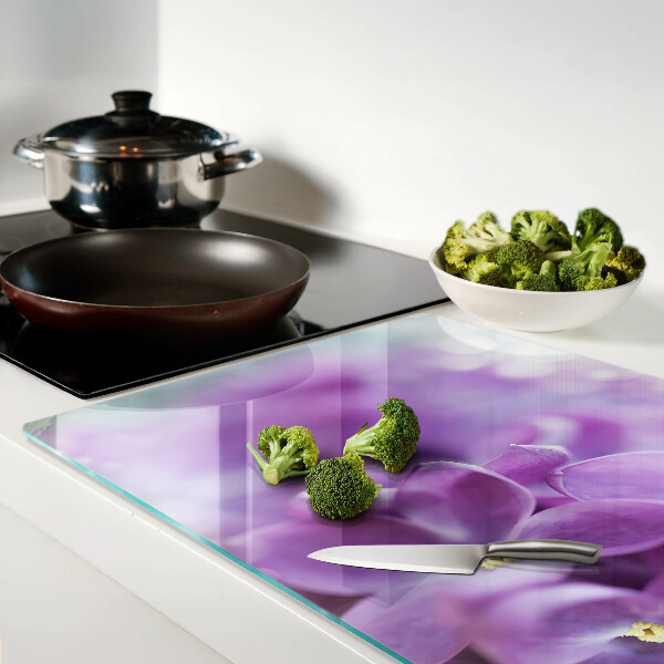 Tagliere in vetro temperato con motivo floreale nei toni del viola