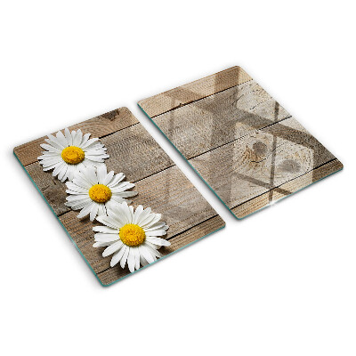 Tagliere in vetro con motivo di fiori su sfondo in legno