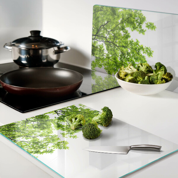 Tagliere in vetro temperato con motivo di foglie verdi su sfondo cielo