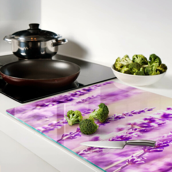 Tagliere in vetro temperato con motivo di fiori di lavanda su sfondo sfumato