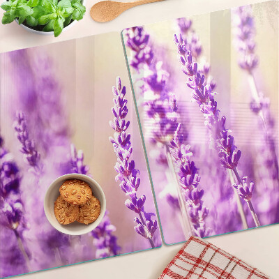 Tagliere in vetro temperato con motivo di fiori di lavanda su sfondo sfumato