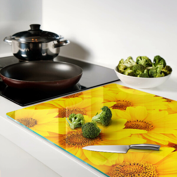 Tagliere in vetro temperato con motivo di girasoli su sfondo giallo