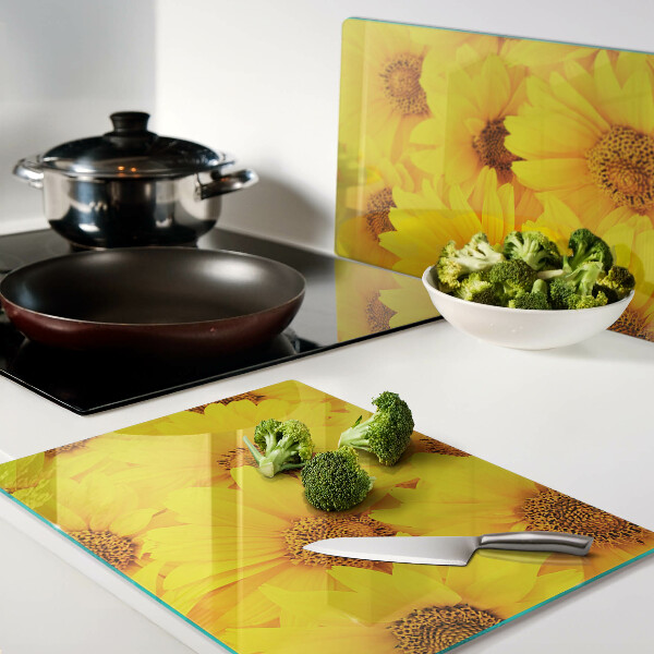 Tagliere in vetro temperato con motivo di girasoli su sfondo giallo