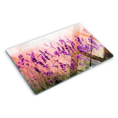 Tagliere in vetro temperato con stampa di un campo di lavanda illuminato dai raggi del sole