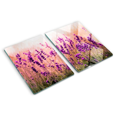 Tagliere in vetro temperato con stampa di un campo di lavanda illuminato dai raggi del sole