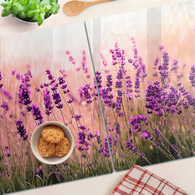 Tagliere in vetro temperato con stampa di un campo di lavanda illuminato dai raggi del sole