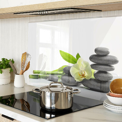 Tagliere in vetro temperato con stampa a tema orchidea e con motivo a pietre in stile spa