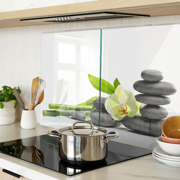 Tagliere in vetro temperato con stampa a tema orchidea e con motivo a pietre in stile spa