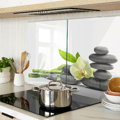 Tagliere in vetro temperato con stampa a tema orchidea e con motivo a pietre in stile spa