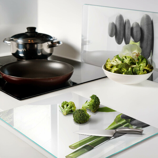 Tagliere in vetro temperato con stampa a tema orchidea e con motivo a pietre in stile spa