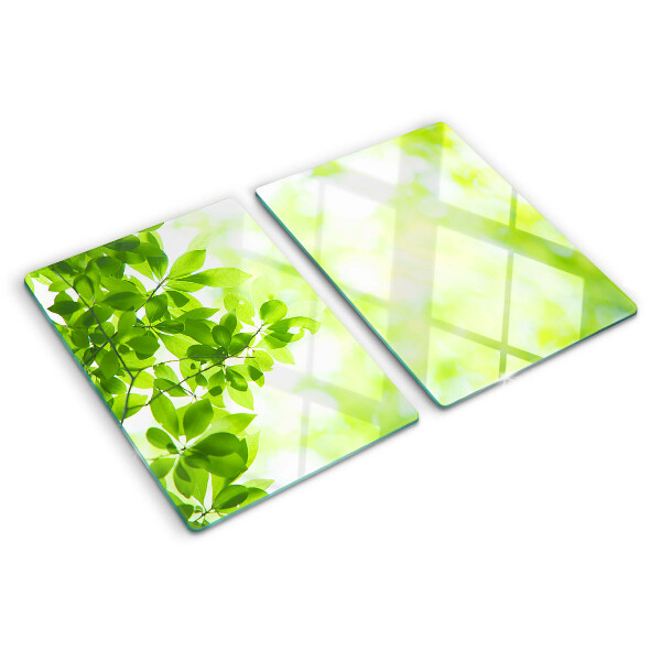 Tagliere in vetro con decorazione di foglie verdi alla luce