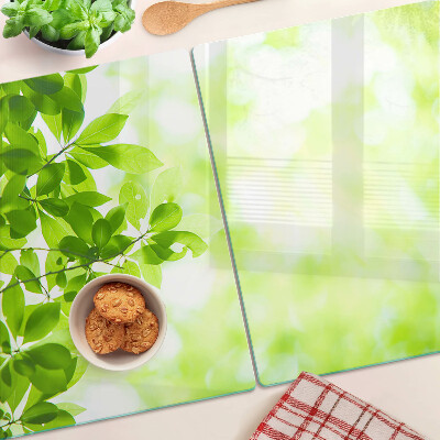 Tagliere in vetro con decorazione di foglie verdi alla luce