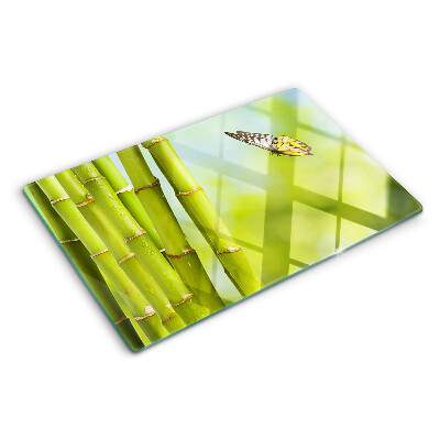 Tagliere in vetro con piano decorato in bambù e fantasia a farfalle