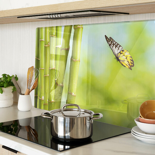 Tagliere in vetro con piano decorato in bambù e fantasia a farfalle